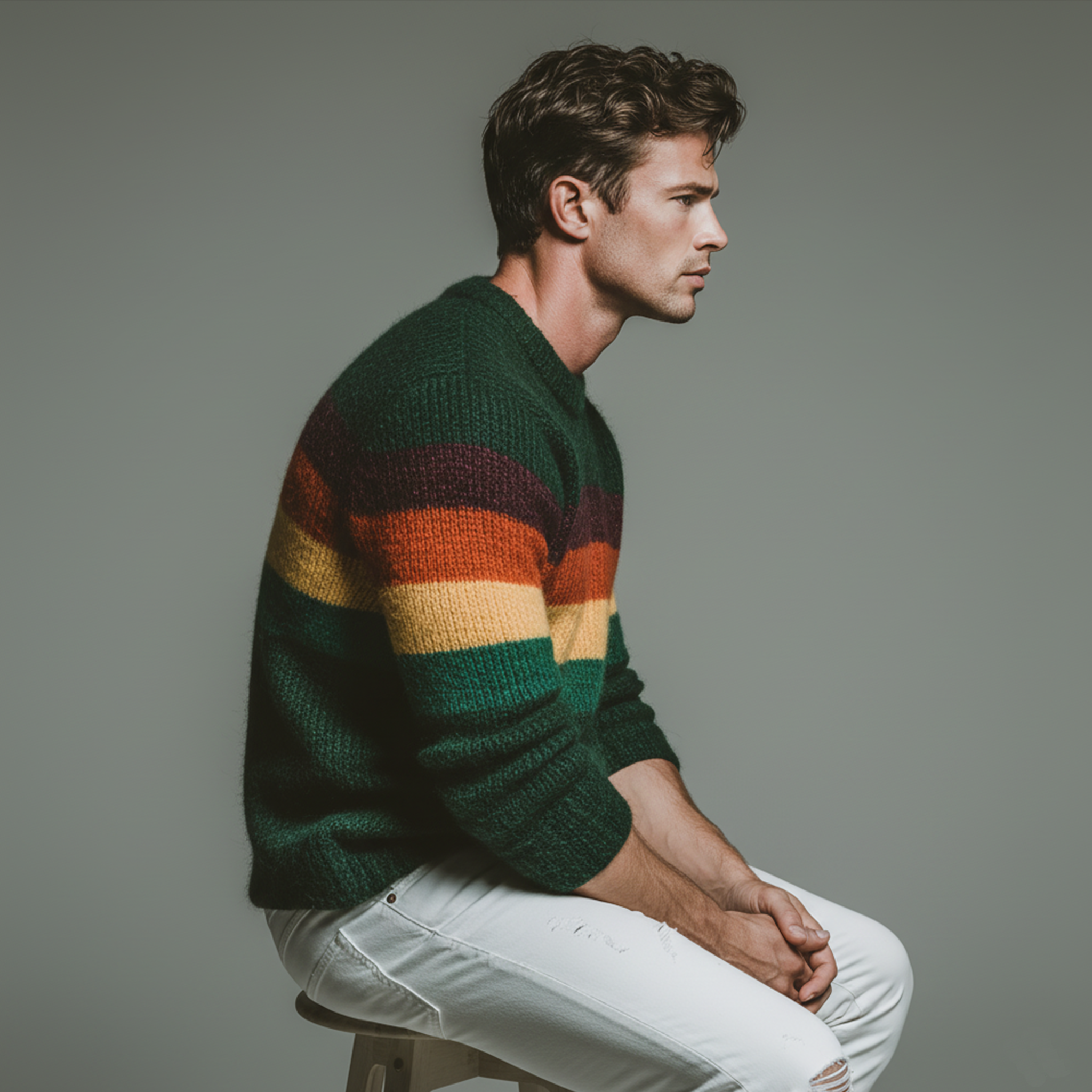Men's Classic Casual Christmas Green Crew Neck Horizontal Striped Sweater MTA2961I7K