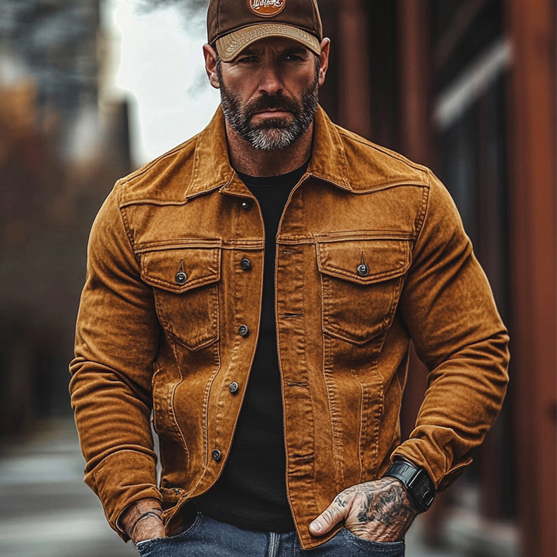 Men's Vintage Solid Lapel Corduroy Denim Jacket MTA2669H1X