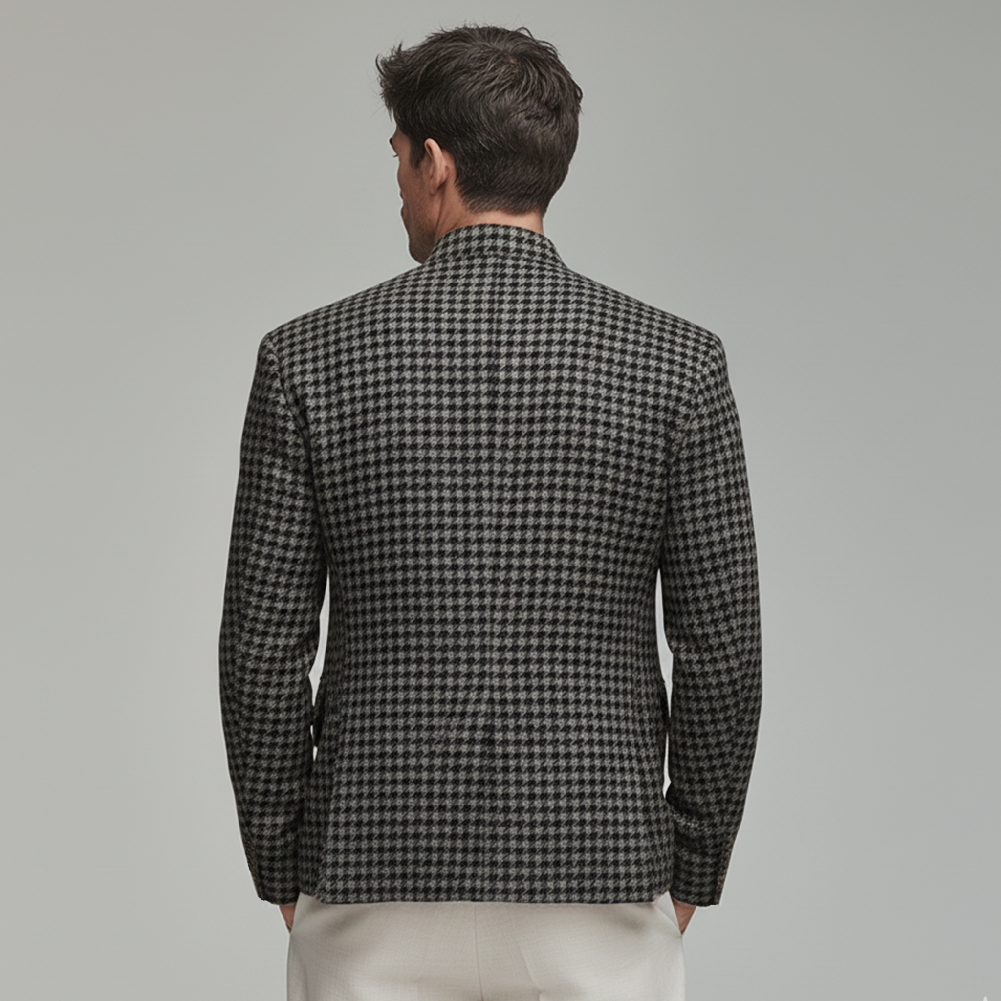 Men's Classic Retro Stand Collar Faux Houndstooth Wool Slim Fit Single-breasted Jacket MTA1187J8K