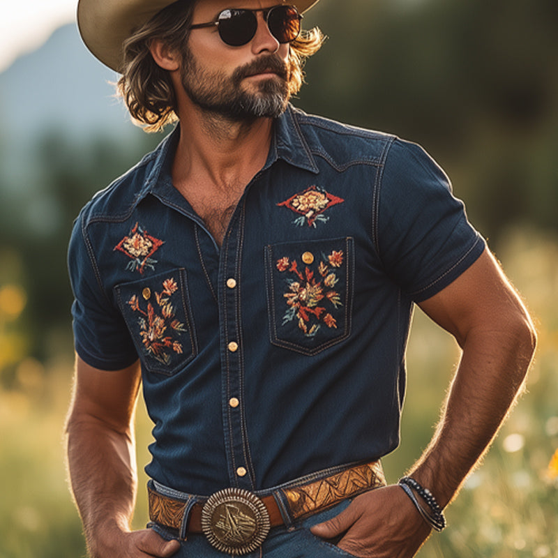 Men's Summer Retro Embroidered Denim Short Sleeve Shirt Shorts Set MTA2985D5U