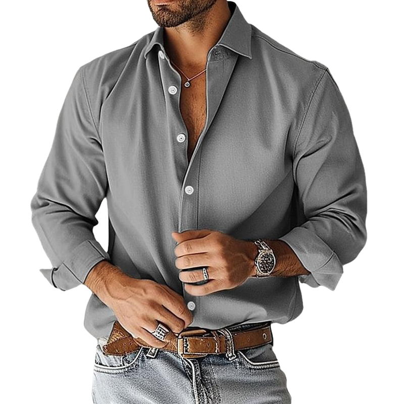 Men's Solid Color Cotton Blend Lapel Long Sleeve Shirt MTA1924I1X