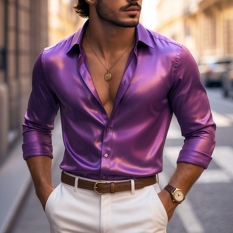 Men's Solid Glitter Satin Lapel Long Sleeve Shirt MTA2355F8Z