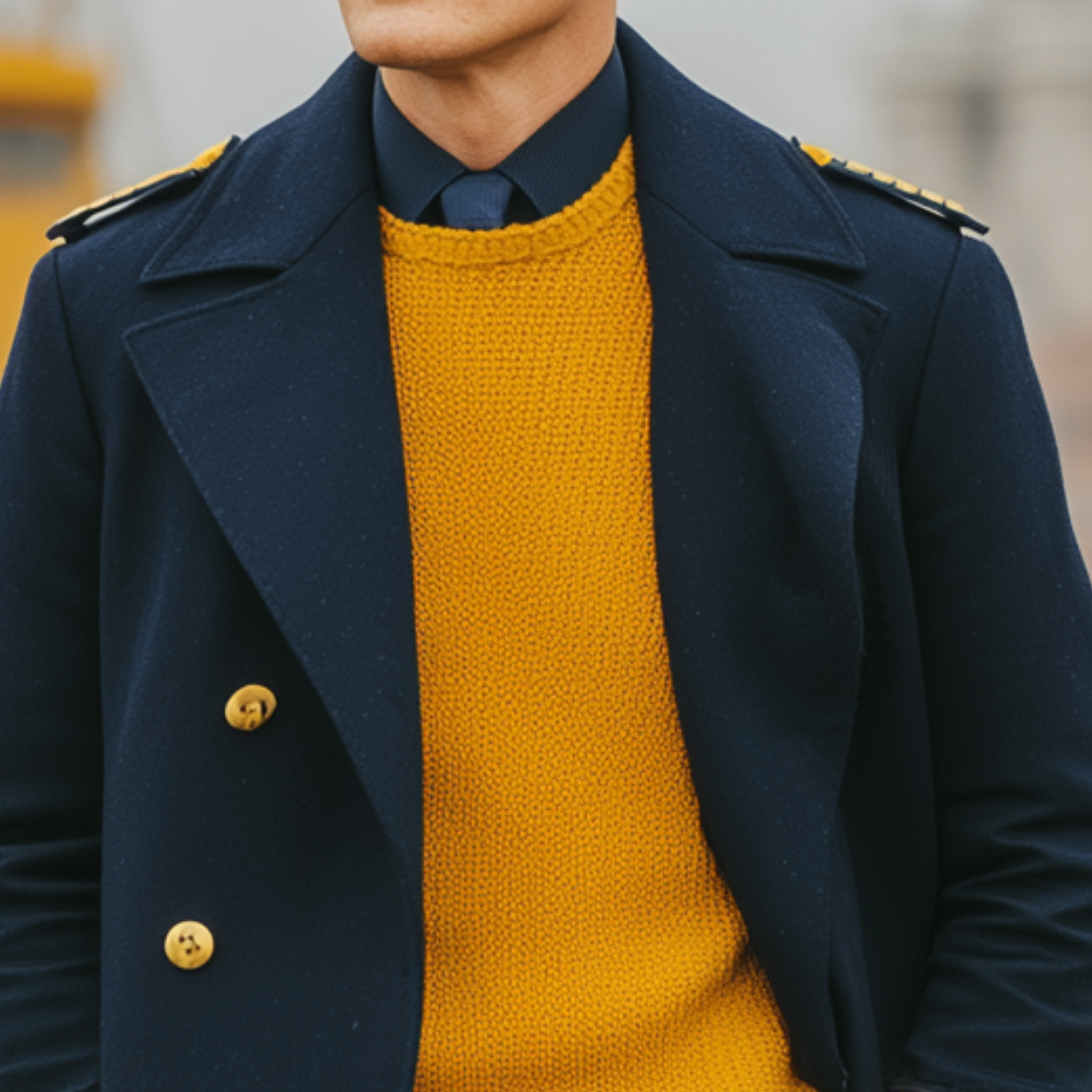 Men's Classic Retro Lapel Navy Blue Epaulette Wool Double-breasted Knee-length Coat MTA1659I7K