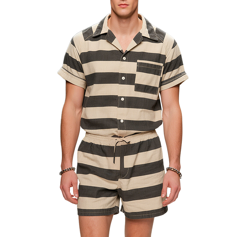Men's Retro Casual Iron Window Trend Free Lapel Shirt Shorts Two-piece Set MTA2369F9TO