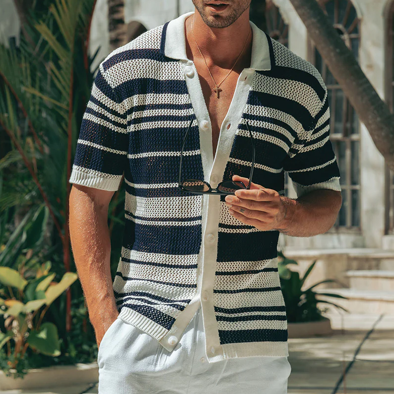 Men's Spring And Summer Fashion Casual Hollow Horizontal Striped Knitted Short-sleeved Shirt MTA0457G3K