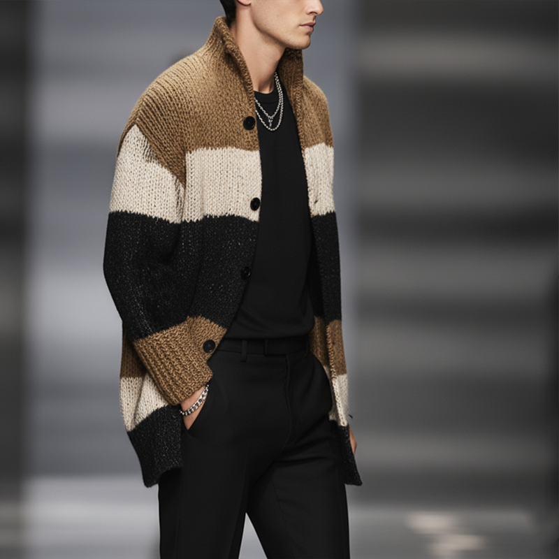 Men's Classic Colorblock Stand Collar Mid-length Knitted Cardigan MTA2753J3U