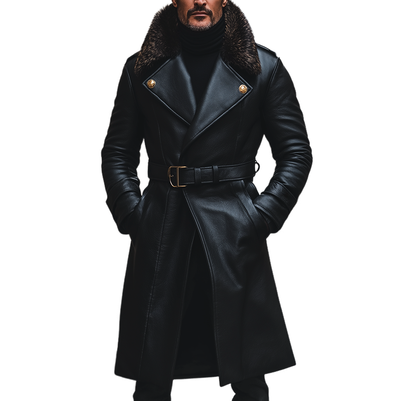 Men's Retro Casual Warm Fur Collar Faux Leather Long Coat MTA2269I4TO