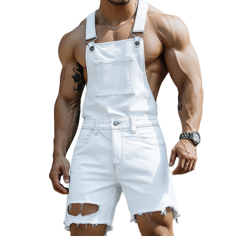 Men's Retro Casual Ripped Denim Bib Shorts MTA0987E0TO