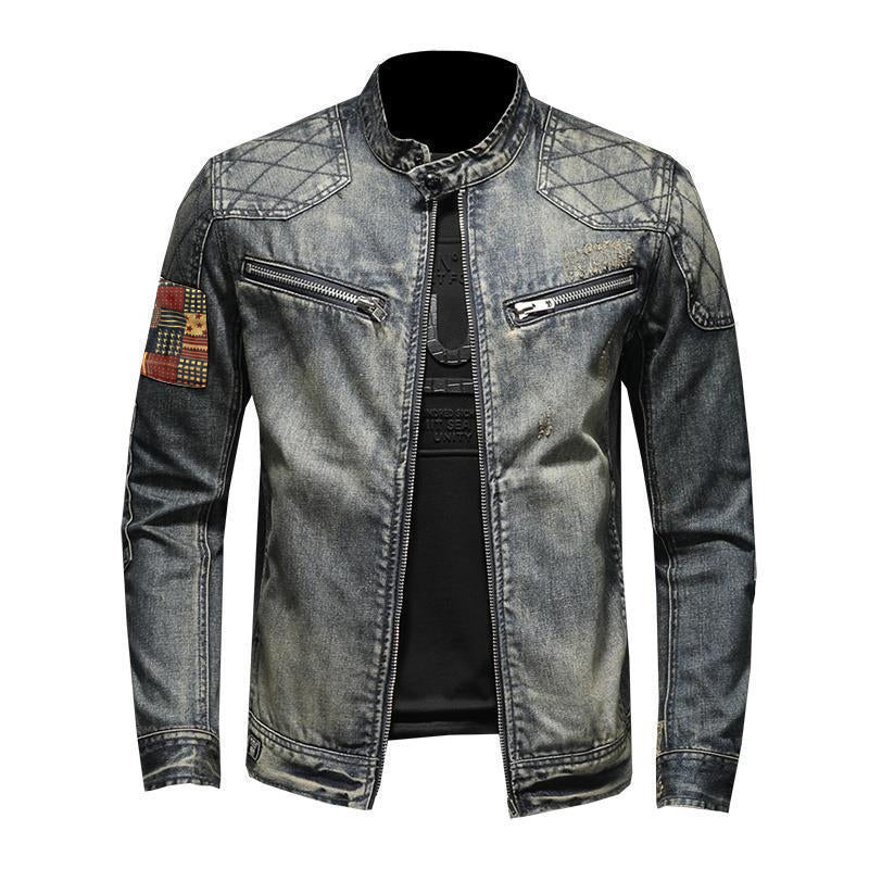 Men's Vintage Stand Collar Zippered Motorcycle Denim Jacket 20754326M