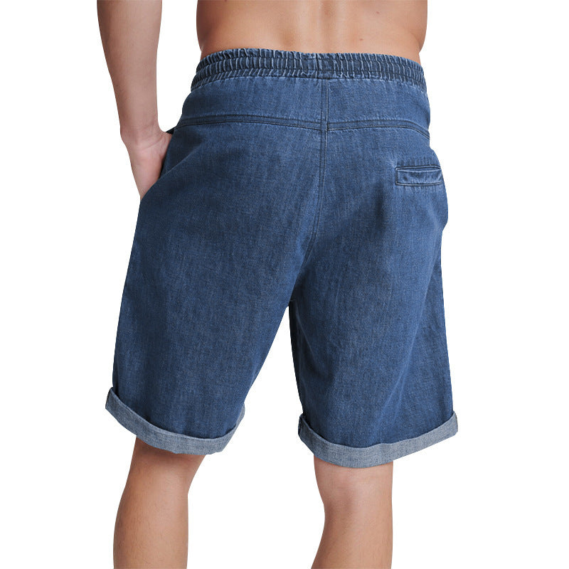 Men's Solid Color Elastic Waist Thin Denim Shorts 40975177X