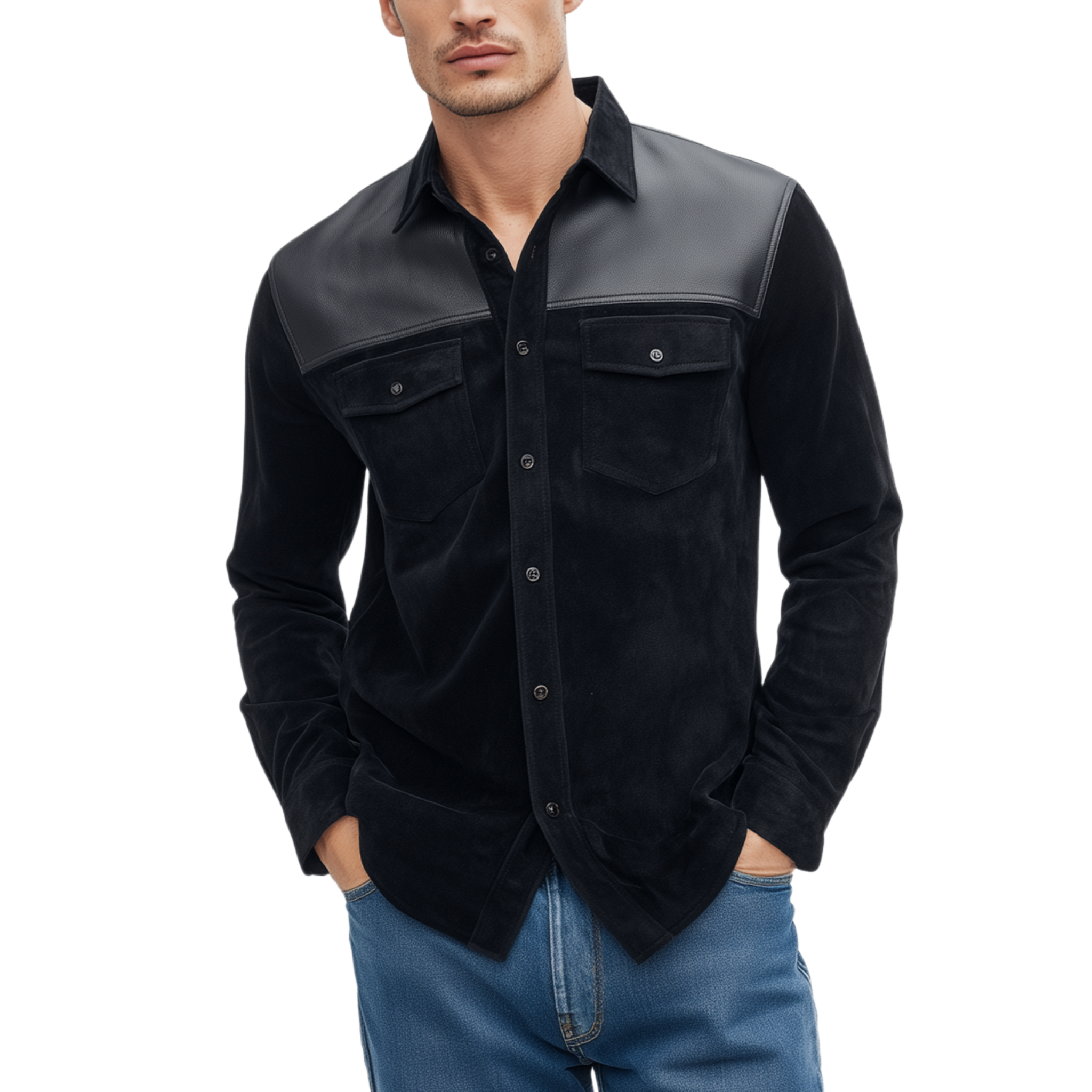 Men's Classic Casual Shoulder Stitching PU Leather Lapel Suede Long-sleeved Shirt MTA0552H7K