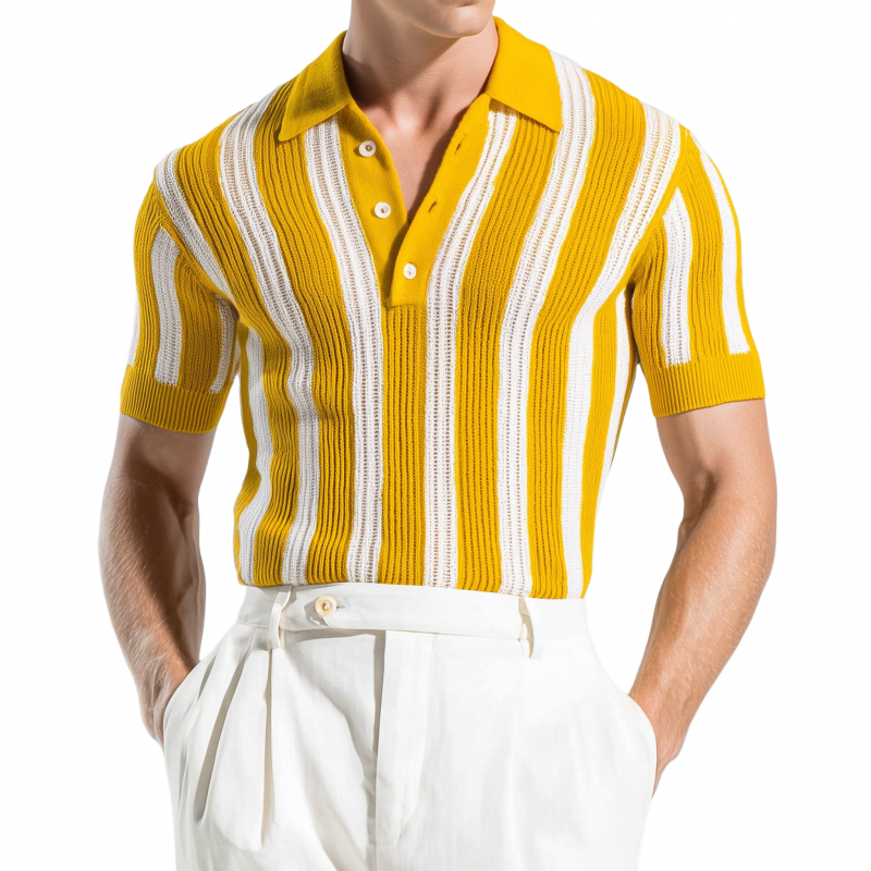 Men's Casual Breathable Contrast Color Vertical Stripes Lapel Slim Fit Knitted Short-sleeved Polo Shirt MTA2260G2M