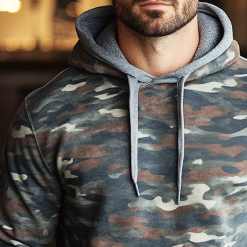 Men's Retro Casual Camouflage Print Drawstring Hoodie 96616359TO