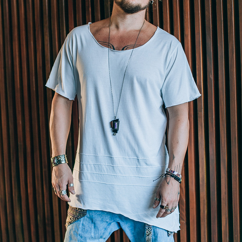 Men's Cotton Vintage Pleated Irregular Round Neck Short-sleeved T-shirt MTA0460G4TO