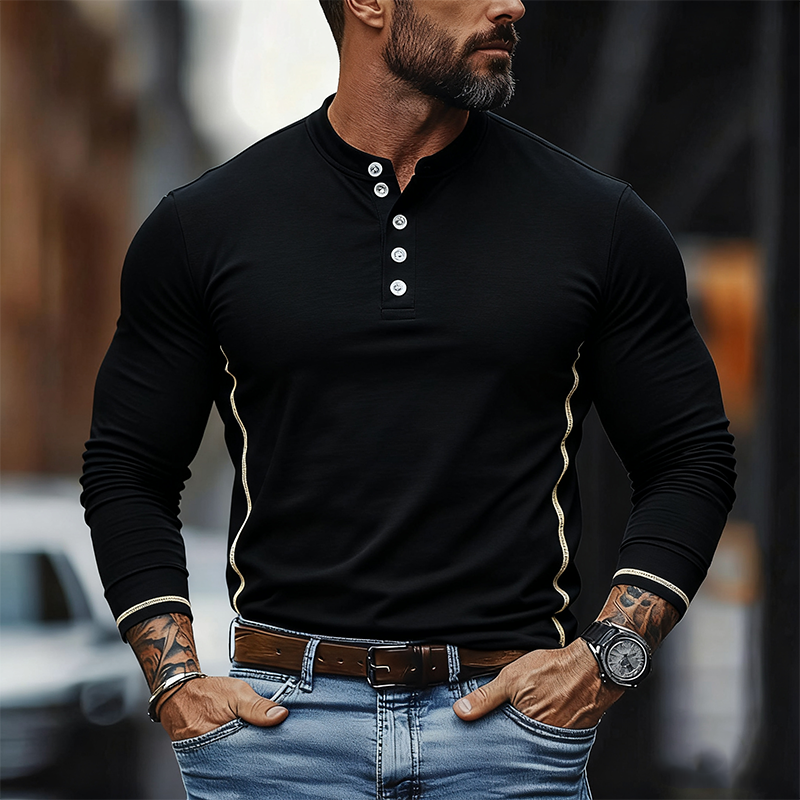 Men's Solid Cotton Blend Long Sleeve Crew Neck Henley T-Shirt MTA2583J0X