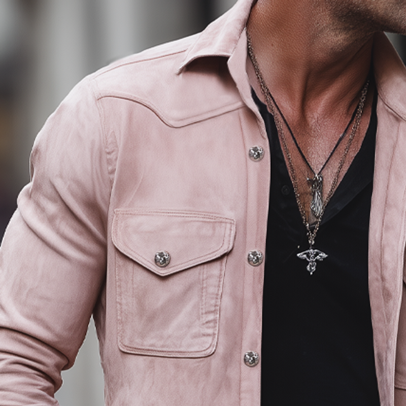 Men's Classic Suede Lapel Button-Down Long Sleeve Shirt MTA1524H2U