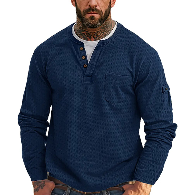 Men's Contrast Waffle Button Crew Neck Long Sleeve T-shirt MTA0965J1X