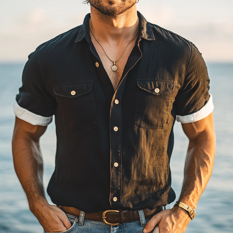 Men's Summer Business Color Matching Lapel Short-sleeved Shirt MTA2857G4U