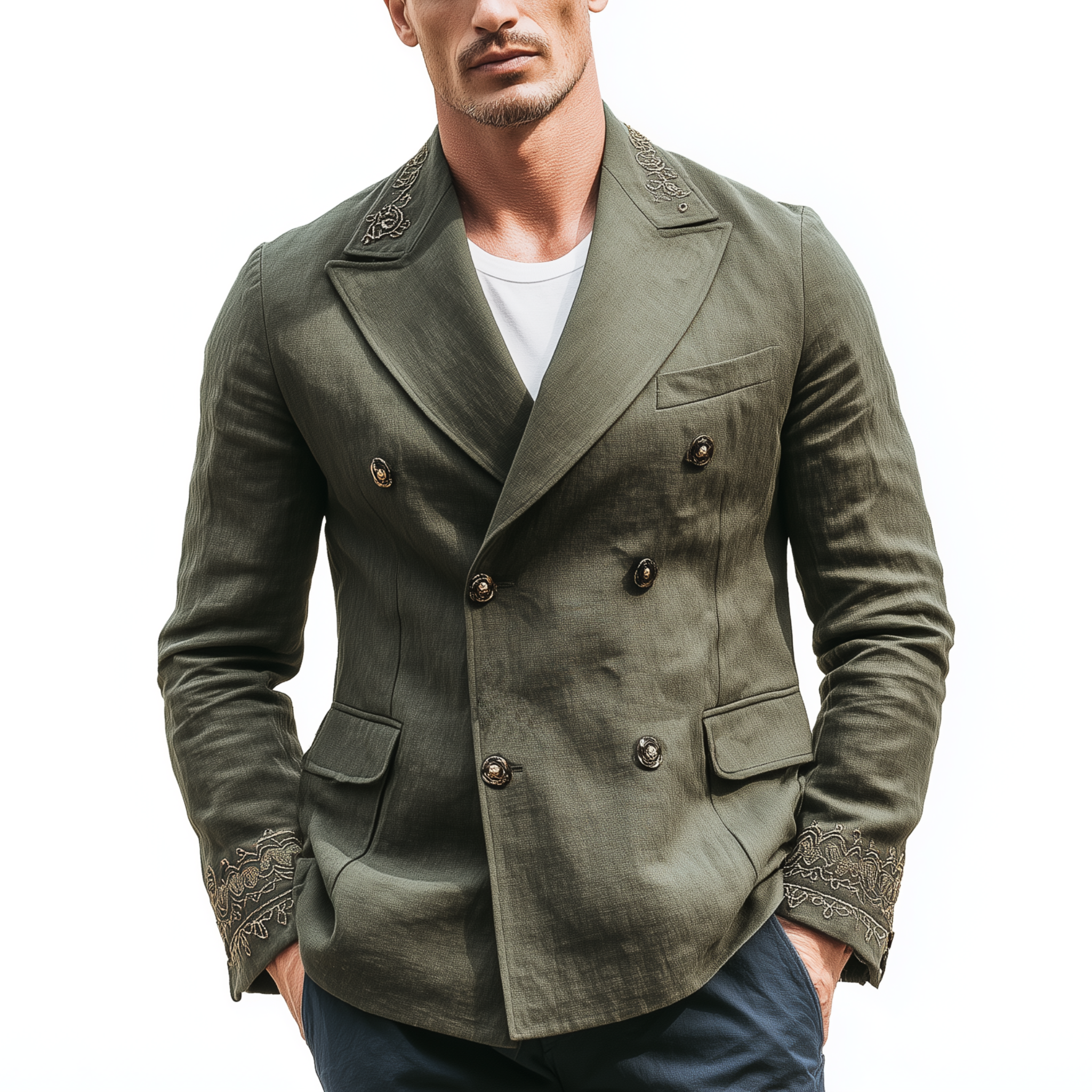 Men's Classic Vintage Cotton And Linen Blend Embroidered Double-breasted Slim-fit Blazer MTA0227H7K