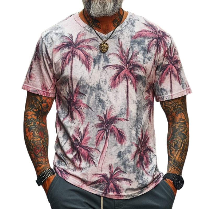 Men's Casual Vintage V-neck Cotton Blend Digital Print Short-sleeved T-shirt 38024171F