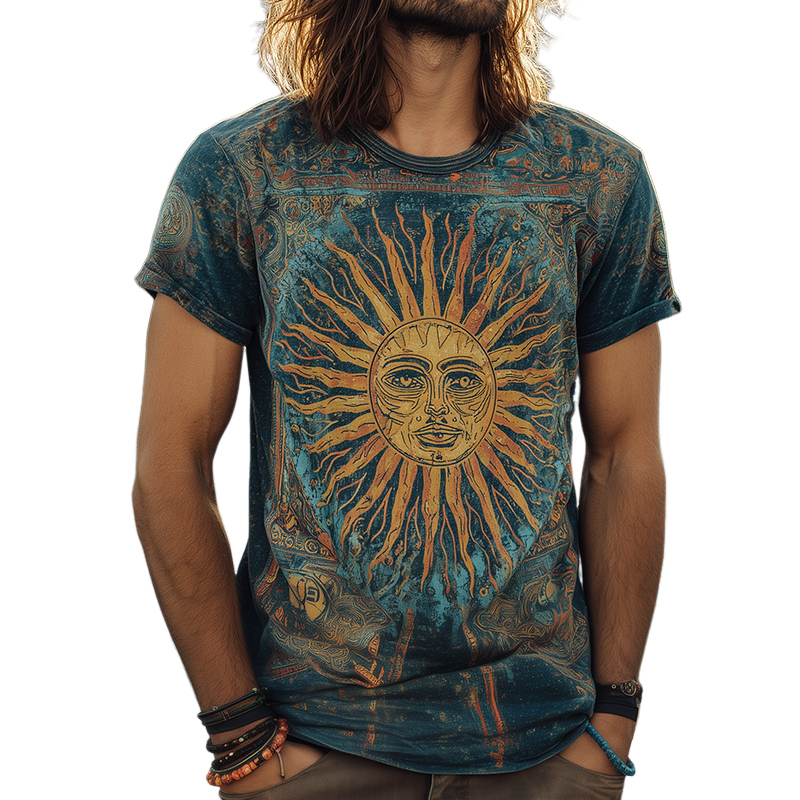 Men's Retro Casual Hippie Style Printed Round Neck Short Sleeve T-Shirt MTA0119H3TO