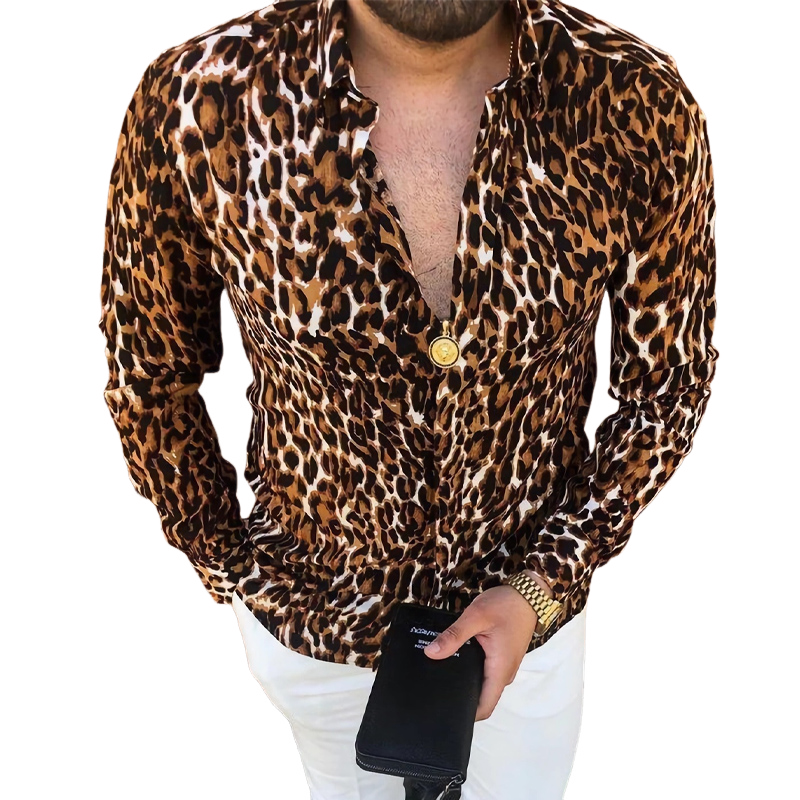 Men's Casual Leopard Print Lapel Zipper Long Sleeve Shirt 67960456U