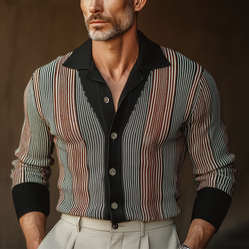 Men's Autumn Fashion Contrast Color Vertical Stripes Knitted Sweater Cardigan MTA1645I7P