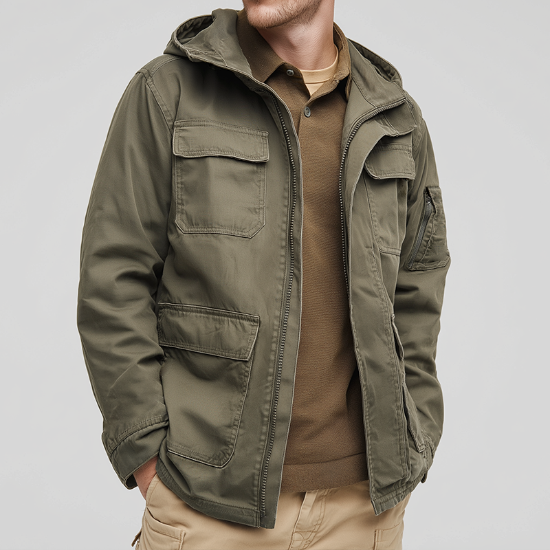 Men's Vintage Casual Cotton Washed Multi-Pocket Work Hooded Zipper Jacket MTA1097I4TO