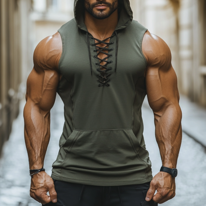 Men's Casual Breathable Cotton Lace-up V-neck Kangaroo Pocket Hooded Slim Tank Top MTA2959D2M