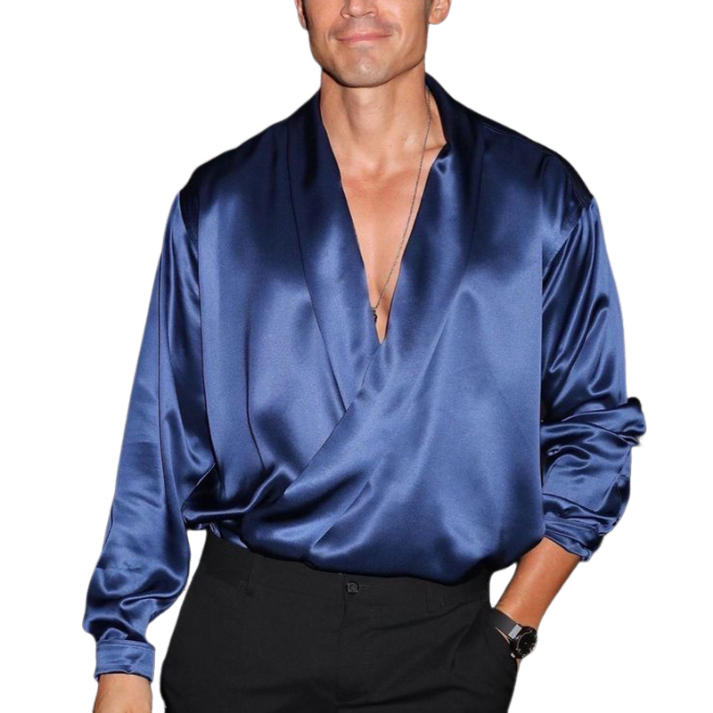 Men's Fashion Solid Satin V Neck Long Sleeve Shirt 74501806Z