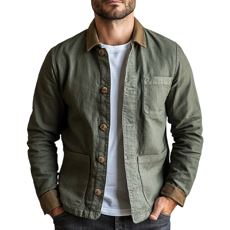 Men's Casual Contrast Lapel Cotton Blend Single-Breasted Jacket MTA2206I4X