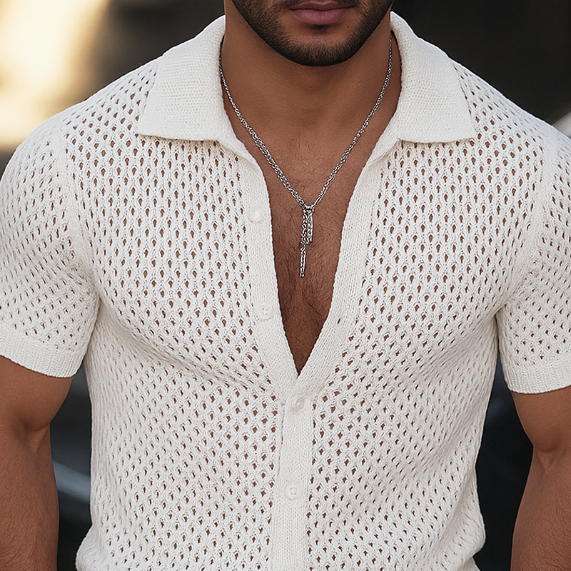 Men's Solid Hollow Knit Lapel Short Sleeve Shirt MTA2335F5Z