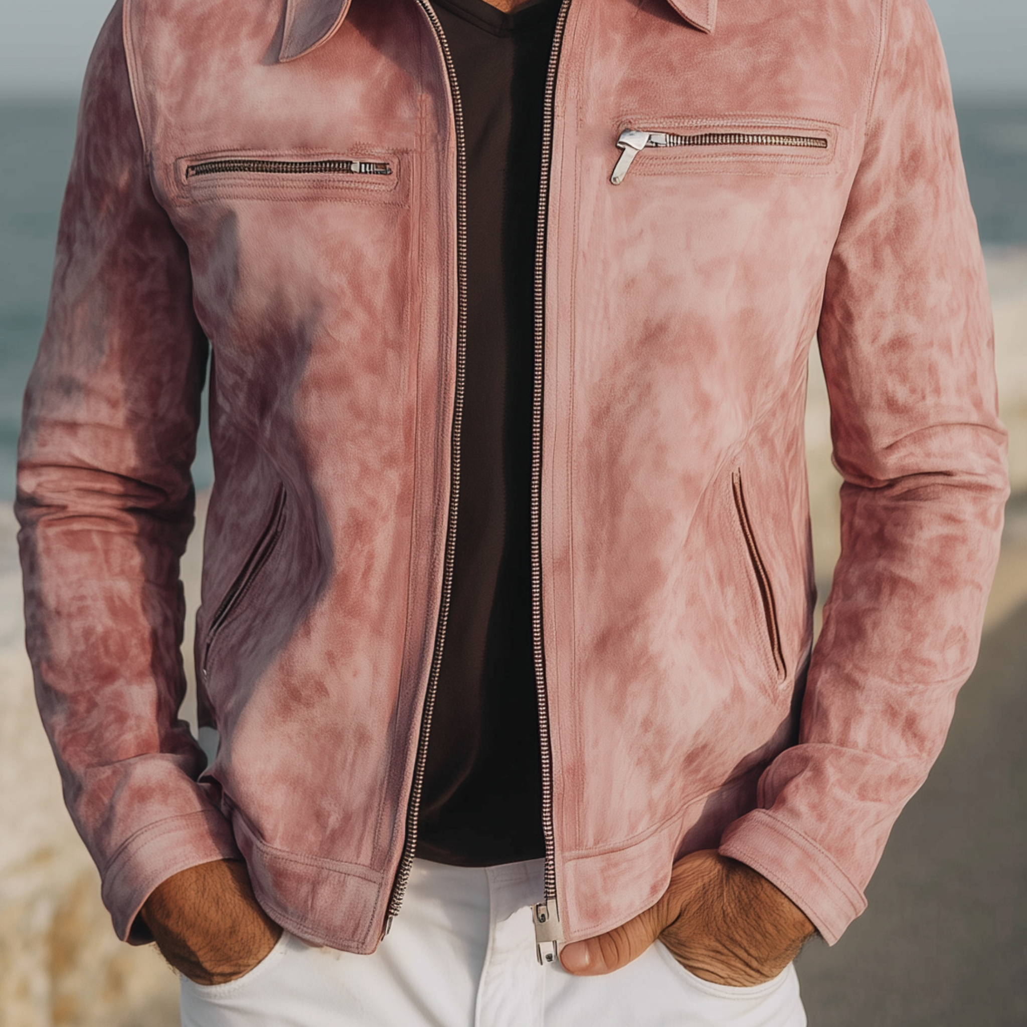 Men's Classic Casual Lapel Zipper Pink Suede Jacket MTA2026H8K