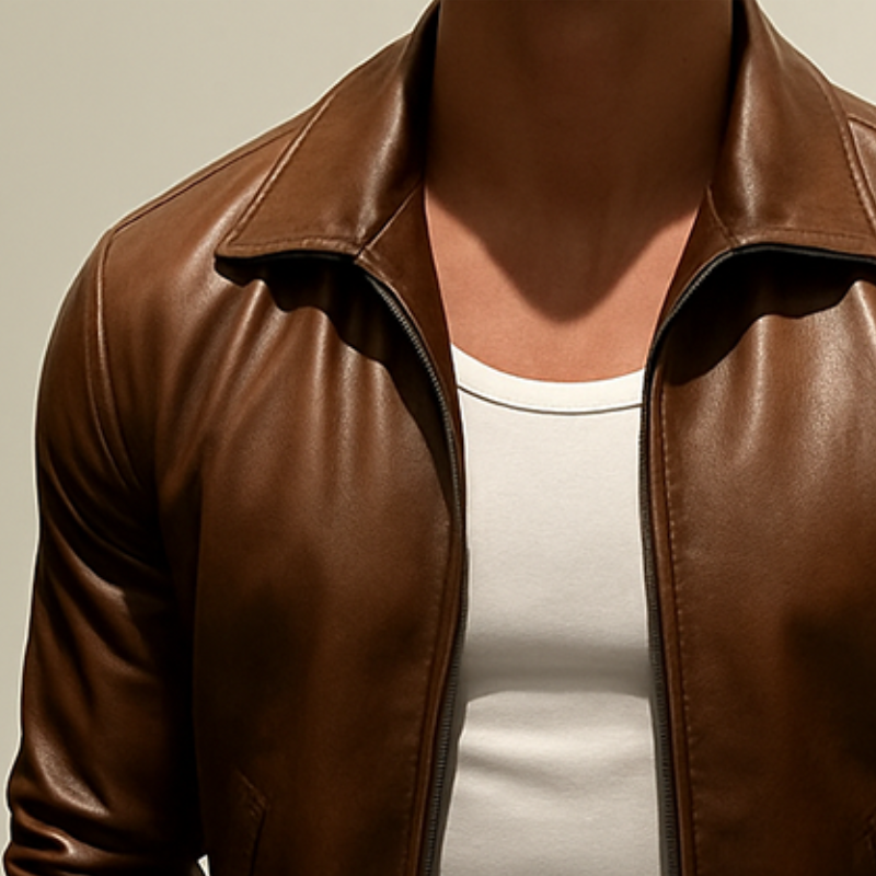 Men's Retro Casual Solid Color Lapel Cropped Zipper Leather Jacket MTA0891I7TO