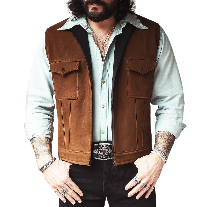 Men's Vintage Suede Stand Collar Zipper Vest MTA0757H8U