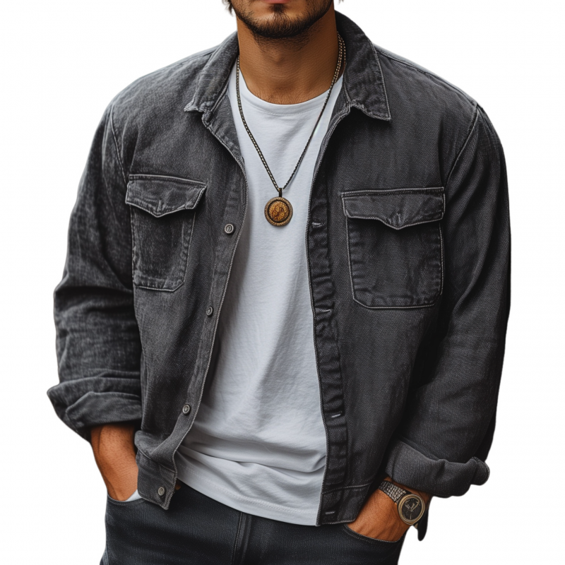 Men's Casual Breathable Washed Distressed Lapel Flap Pocket Loose Denim Shirt Jacket MTA0506H0M