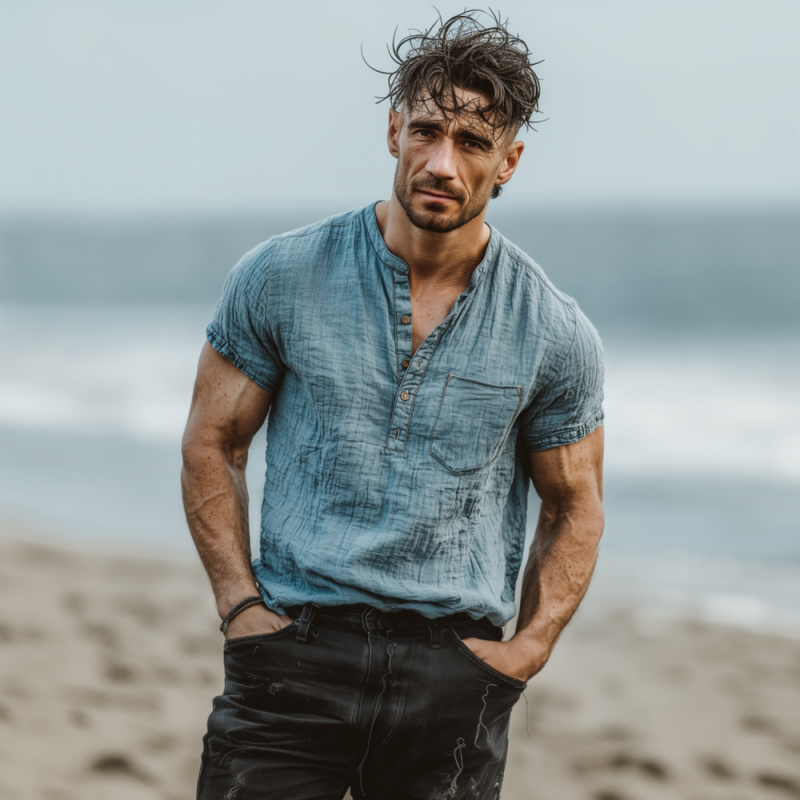 Men's Casual Solid Color Pleated Cotton Washed Henley Collar Patch Pocket Loose Short Sleeve Shirt MTA2466F5M