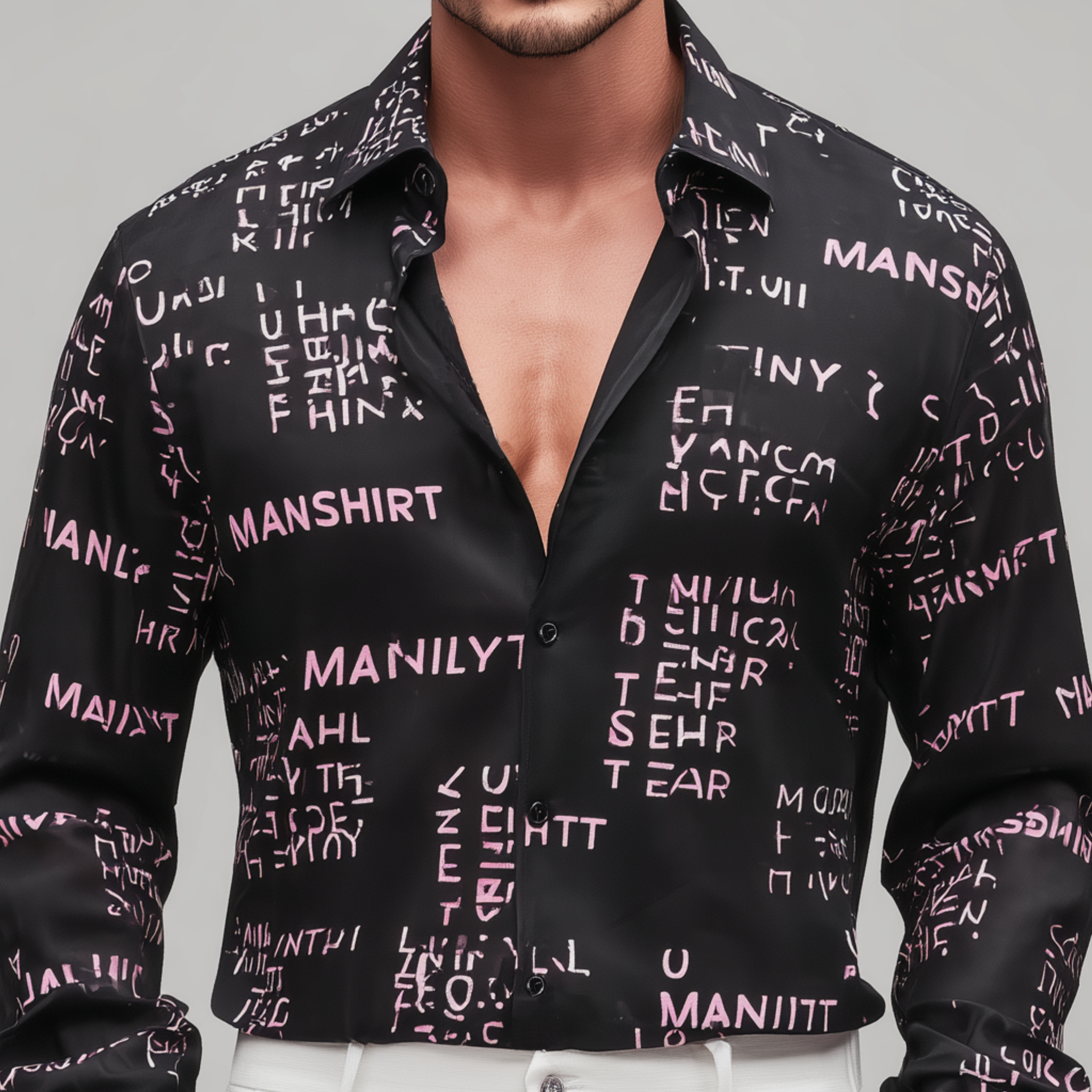 Men's Fashion Casual Satin Irregular Letter Printed Long Sleeve Shirt MTA2549G6K
