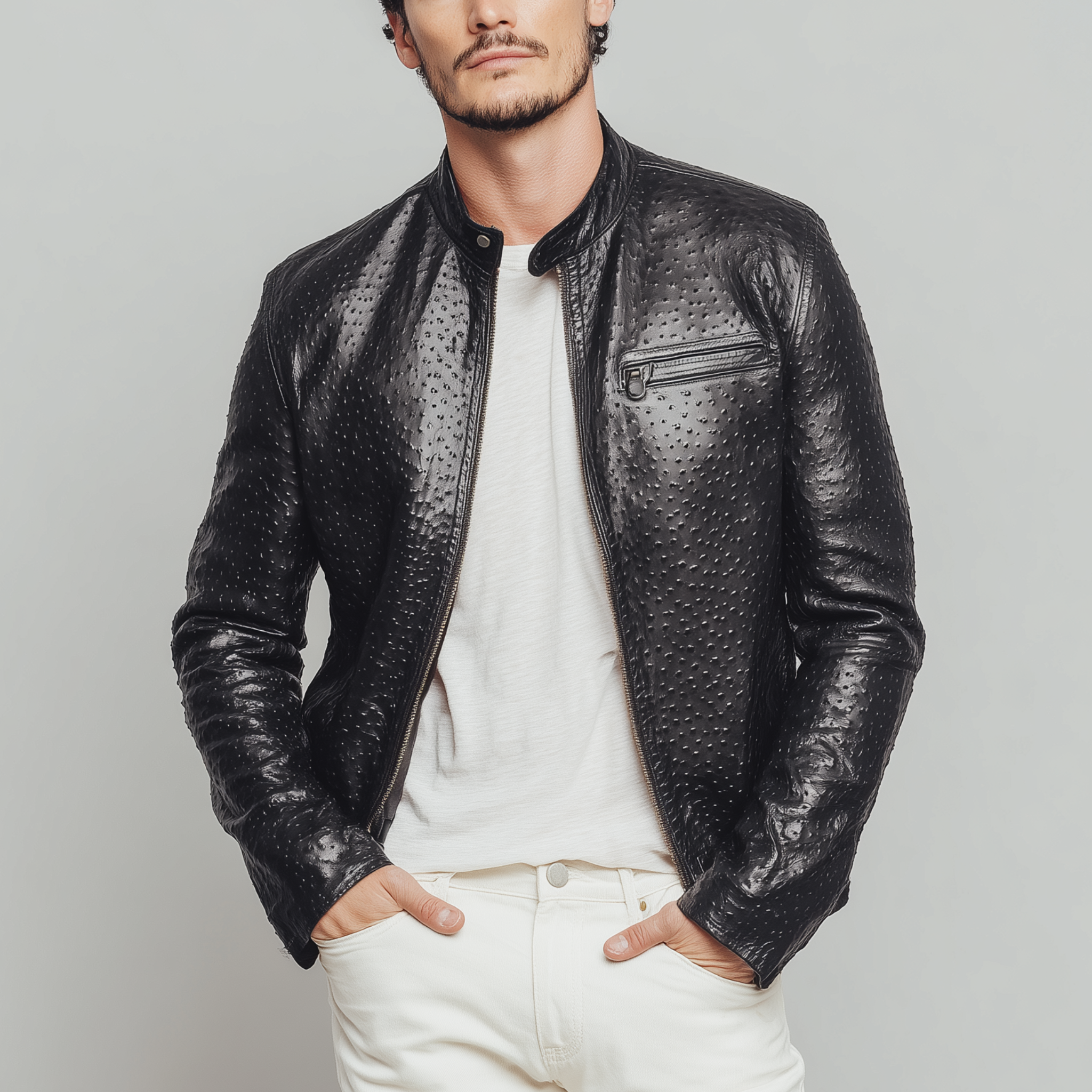 Men's Classic American Retro Stand Collar Textured PU Leather Slim Zipper Jacket MTA1647H3K