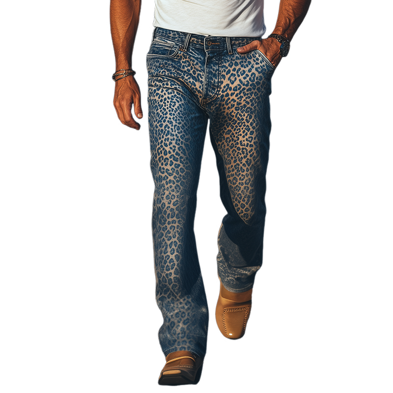 Men's Spring And Summer Fashion Retro Western Cowboy Style Washed Denim Leopard Print Casual Pants MTA1337E1K