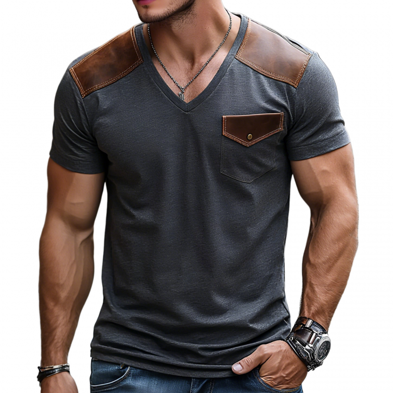 Men's Vintage Cotton PU Patchwork V-Neck Chest Pocket Slim Fit Short Sleeve T-Shirt MTA2701F6M