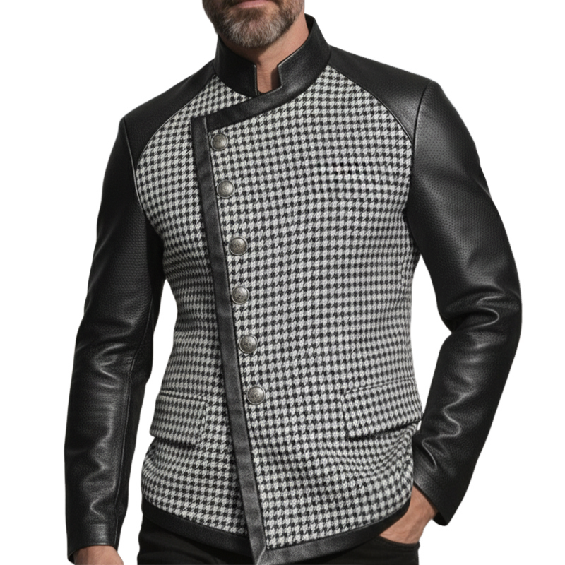 Men's Retro Casual Houndstooth PU Patchwork Stand Collar Button Jacket MTA2916K2TO