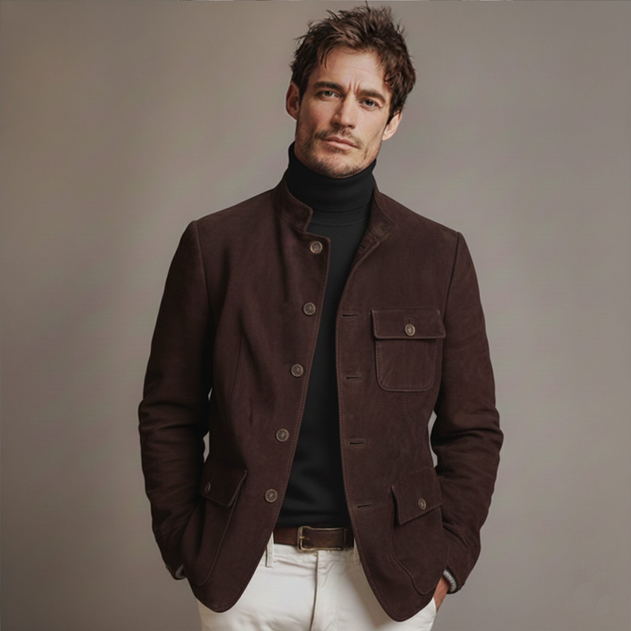 Men's Classic Retro Stand-up Collar Single-breasted Faux Suede Jacket MTA3155J5K