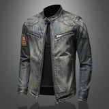 Men's Vintage Stand Collar Zippered Motorcycle Denim Jacket 20754326M