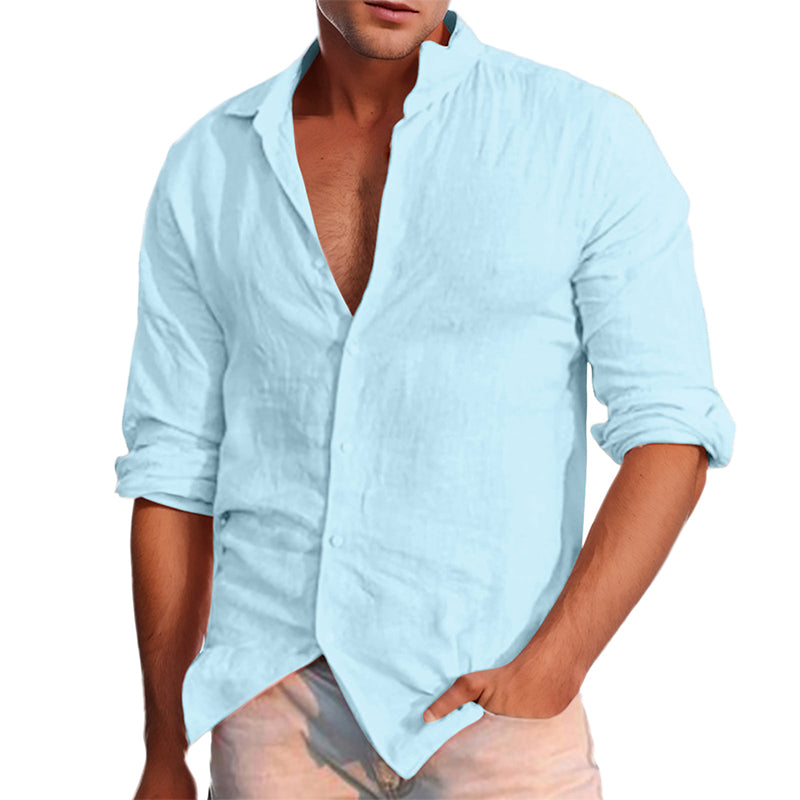 Men's Casual Lapel Solid Color Cotton Linen Long Sleeve Shirt 99494500M