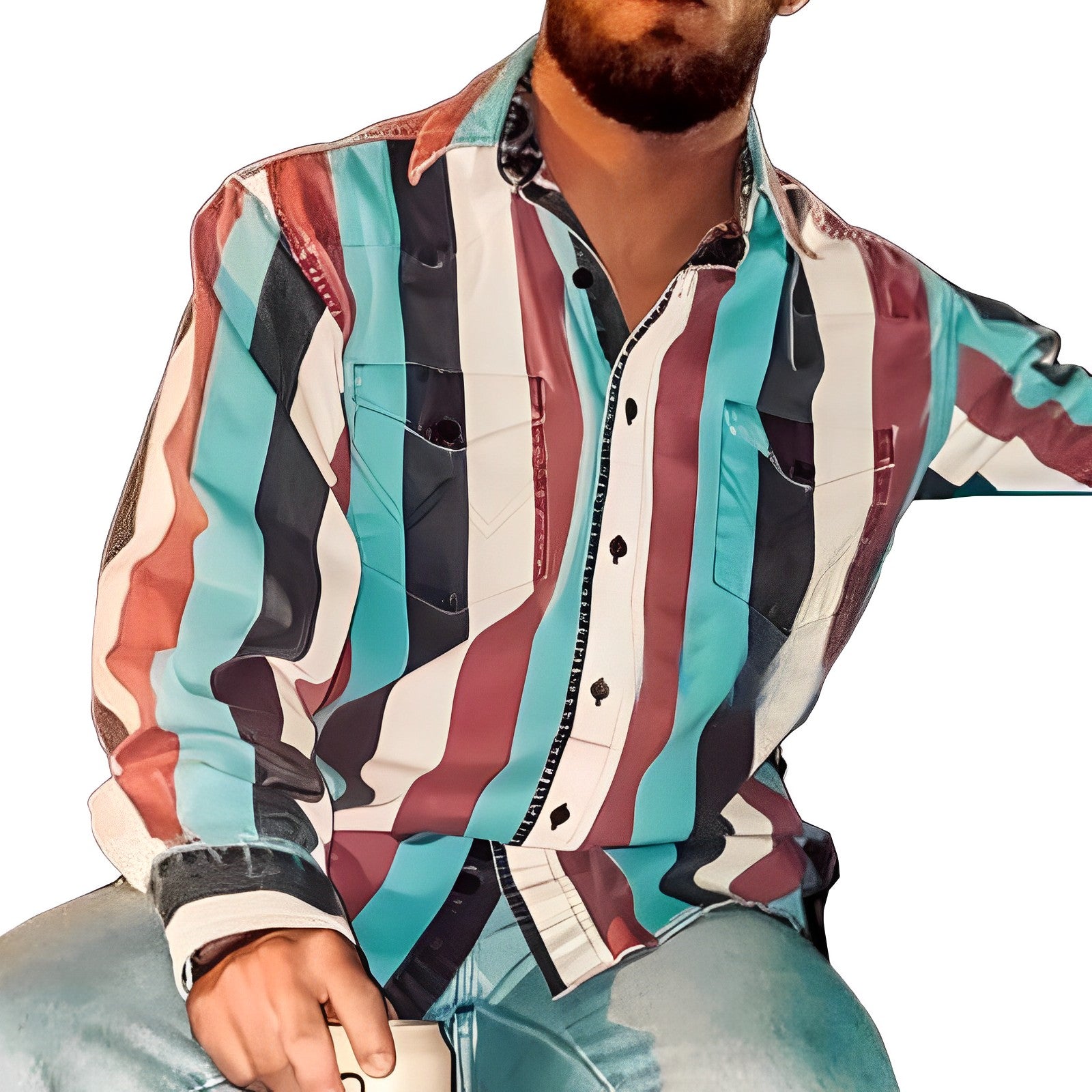 Camicia a maniche lunghe ampia con stampa a righe e blocchi di colore retrò da uomo 56477625M