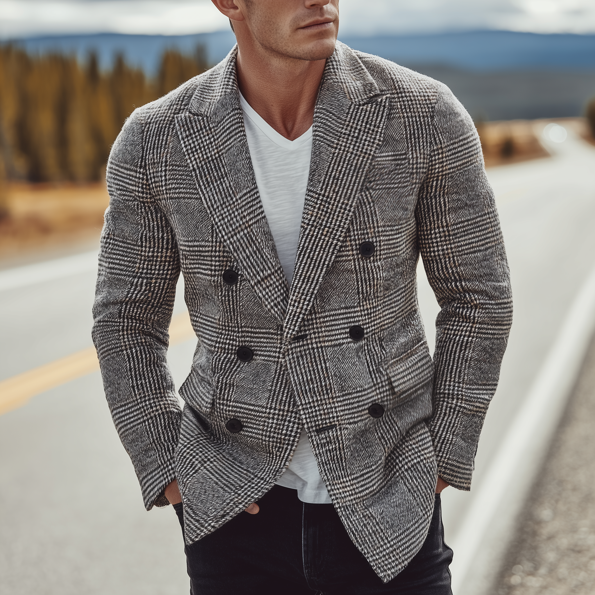 Men's Classic Casual Plaid Wool Fabric Double-breasted Slim-fit Blazer MTA0104I4K