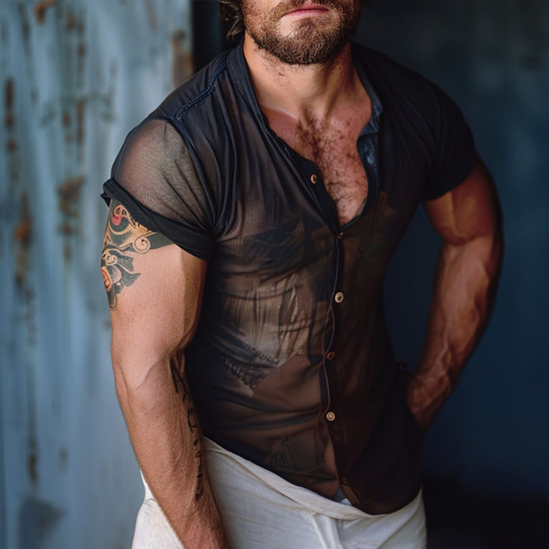 Men's Solid Translucent Stand Collar Short Sleeve Shirt MTA2919G6Z
