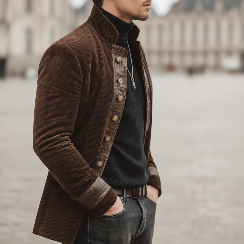 Men's Classic Corduroy And PU Leather Stand Collar Multi-Button Jacket MTA1965K1U