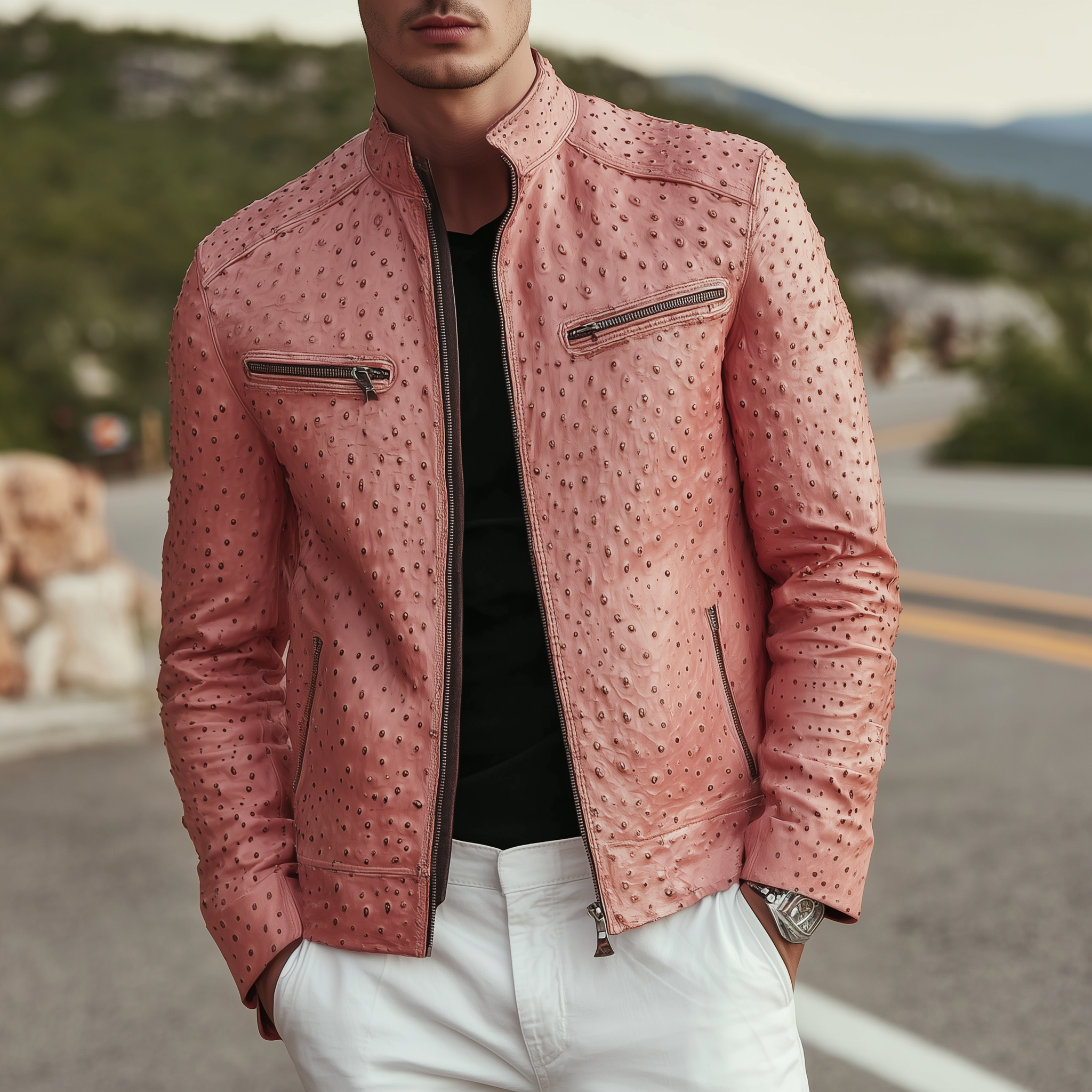Men's Classic Retro Stand Collar Textured Pink PU Leather Slim Zipper Jacket MTA1646H9K